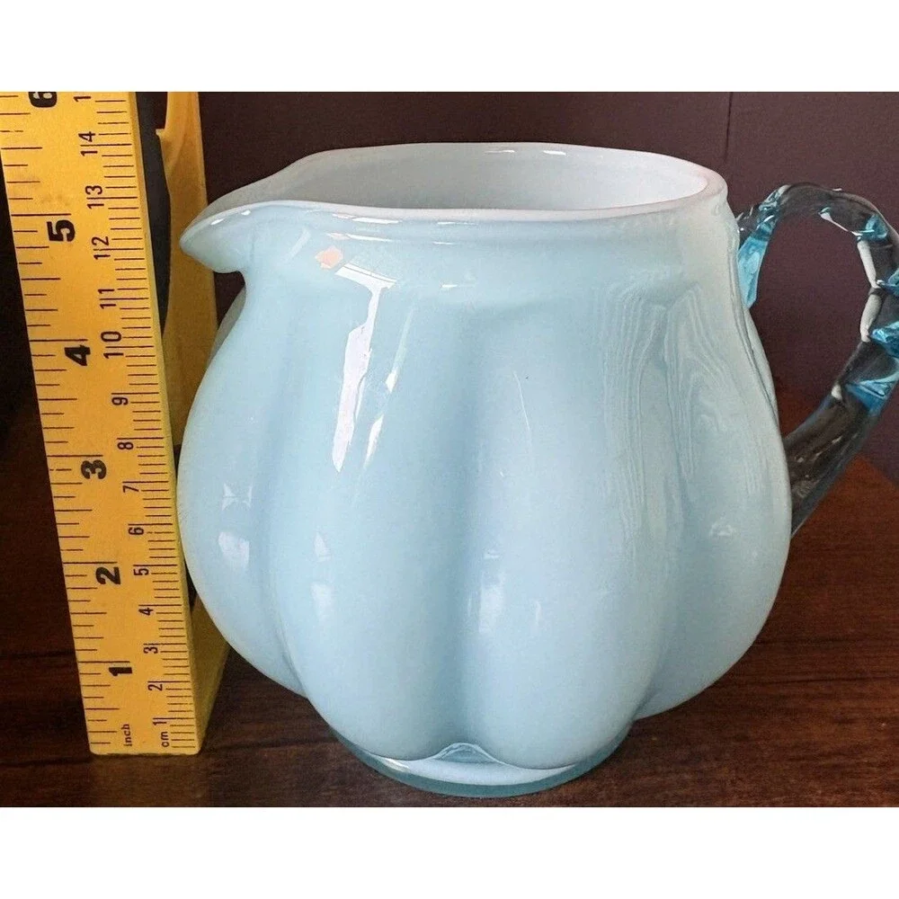 Vintage Fenton Melon Pattern Aqua Blue Glass Pitcher W/Applied Handle EXCELLENT - Picture 6 of 7